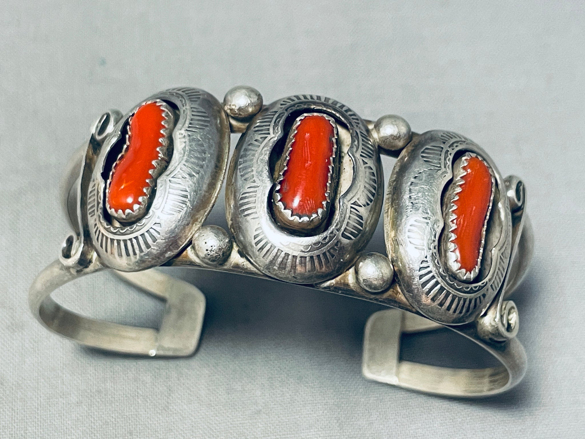 Dynamic Vintage Native American Navajo Coral Sterling Silver Shadowbox ...