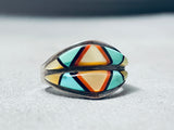 Detailed Intricate Vintage Native American Zuni Size Sz 6.5 Inlay Sterling Silver Turquoise Ring-Nativo Arts