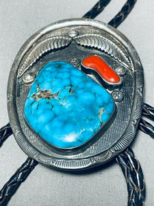 Huge Vintage Native American Navajo Spiderweb Turquoise Sterling Silver Bolo Tie Old-Nativo Arts