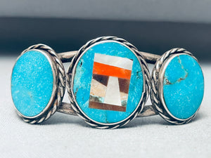 One Of The Most Unique Vintage Native American Navajo Turquoise Inlay Sterling Silver Bracelet-Nativo Arts