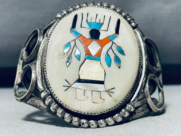 Earlier Native American Zuni Vintage Turquoise Kachina Sterling Silver Inlay Bracelet-Nativo Arts