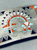 Fascinating Vintage Native American Zuni Inlay Jet Coral Turquoise Rainbow Man Silver Buckle-Nativo Arts