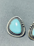 Native American Brilliant Zuni Signed Blue Gem Turquoise Sterling Silver Earrings-Nativo Arts