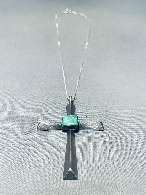 Divine Vintage Native American Navajo Royston Turquoise Square Sterling Silver Cross Necklace-Nativo Arts