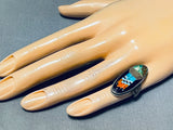 Fascinating Native American Navajo Signed Micro Inlay Turquoise Jet Coral Sterling Silver Ring-Nativo Arts