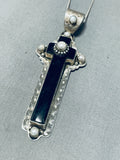 Rare Vintage Native American Navajo Jet Mother Of Pearl Sterling Silver Cross Necklace-Nativo Arts