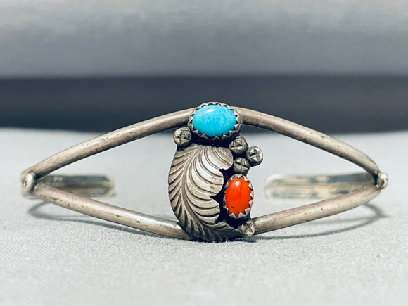 Exquisite Vintage Native American Navajo Turquoise Coral Sterling Silver Bracelet-Nativo Arts