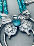 Butterfly Turquoise Naavjo Sterling Silver Squash Blossom Necklace-Nativo Arts