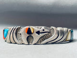 Detailed Bear Vintage Navajo Turquoise Bear Inlay Sterling Silver Bracelet-Nativo Arts