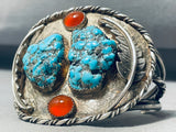 Roy Signed Powerful Vintage Native American Navajo Turquoise Sterling Silver Coral Bracelet-Nativo Arts
