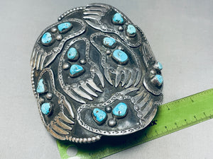 The Biggest Craziest Vintage Native American Navajo Bearpaw Sterling Silver Turquoise Bracelet-Nativo Arts