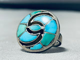 One Of The Best Vintage Native American Zuni Turquoise Swirl Inlay Sterling Silver Ring-Nativo Arts