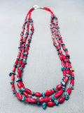 Stunning Native American Navajo Torpedo Coral Turquoise Sterling Silver Necklace-Nativo Arts