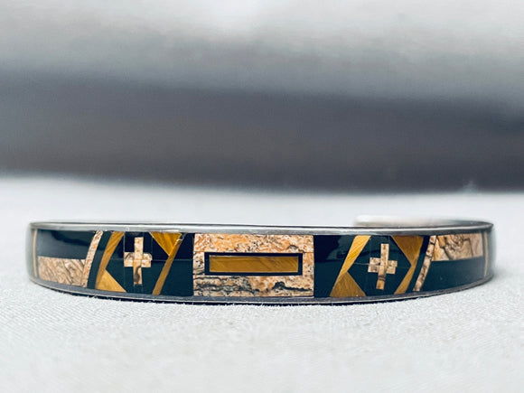 Detailed Vintage Native American Navajo 6 Inch Wrist Tan Stone Inlay Bracelet-Nativo Arts