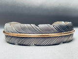 Hand Stamped Intricate Feather Vintage Native American Navajo Sterling Silver Bracelet-Nativo Arts