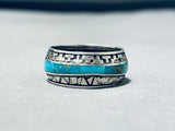 Unique Vintage Native American Navajo Blue Gem Turquoise Inlay Sterling Silver Ring-Nativo Arts
