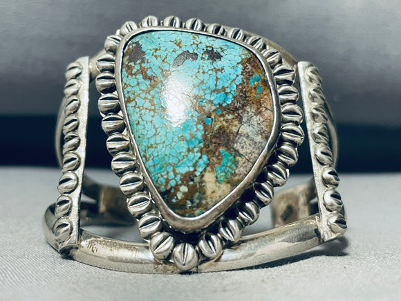 Coffee Bean Silver Work! Vintage Native American Navajo Spiderweb Turquoise Sterling Bracelet-Nativo Arts