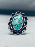 Important Vintage Native American Navajo Pilot Mountain Turquoise Sterling Silver Flower Ring-Nativo Arts