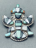 Early Vintage Native American Zuni Green Turquoise Sterling Silver Inlay Pin Old-Nativo Arts