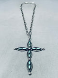 Native American Huge Vintage Navajo 4 Inch Tall Cross Turquoise Sterling Silver Necklace