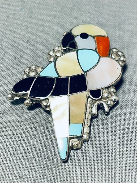 Cool Parrot!! Vintage Native American Zuni Turquoise Inlay Sterling Silver Pendant Pin-Nativo Arts