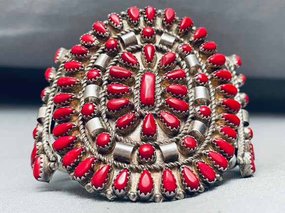 Huge Vintage Native American Navajo Coral Cluster Sterling Silver Bracelet Cuff-Nativo Arts