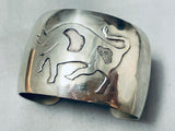 Wide Vintage Navajo Hand Tooled Bull Sterling Silver Bracelet Cuff