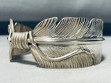 Crazy Detail Vintage Native American Navajo Sterling Silver Feather Bracelet Cuff-Nativo Arts