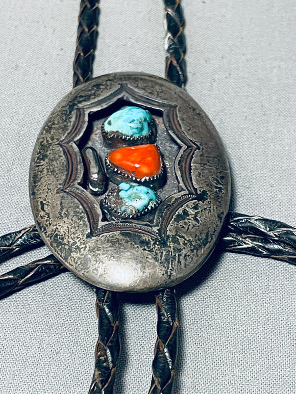 Rare Vintage Native American Navajo Morenci Turquoise Sterling Silver Shadowbox Bolo-Nativo Arts