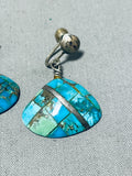 Native American Interesting Vintage Santo Domingo Turquoise Inlay Sterling Silver Shell Earrings-Nativo Arts