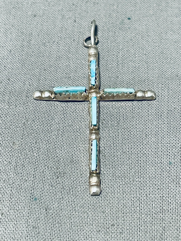 Superb Vintage Native American Zuni Blue Gem Turquoise Sterling Silver Cross Pendant-Nativo Arts