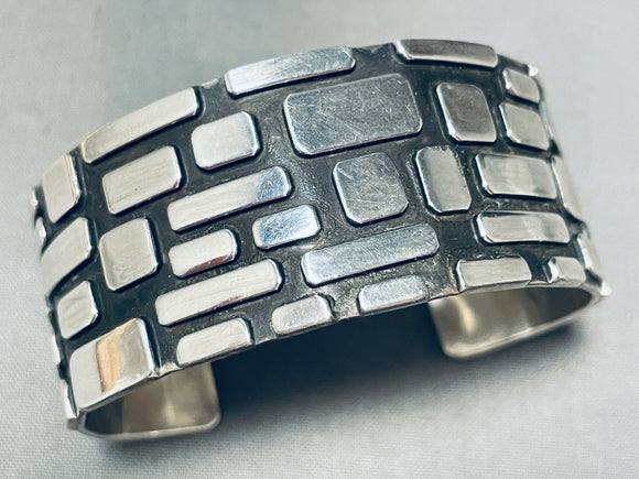 Mosaic Wall!! Vintage Native American Navajo Hand Tooled Sterling Silver Bracelet Cuff-Nativo Arts