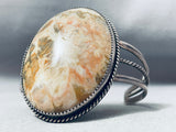 Plume Agate Vintage Native American Navajo Hand Tooled Sterling Silver Bracelet