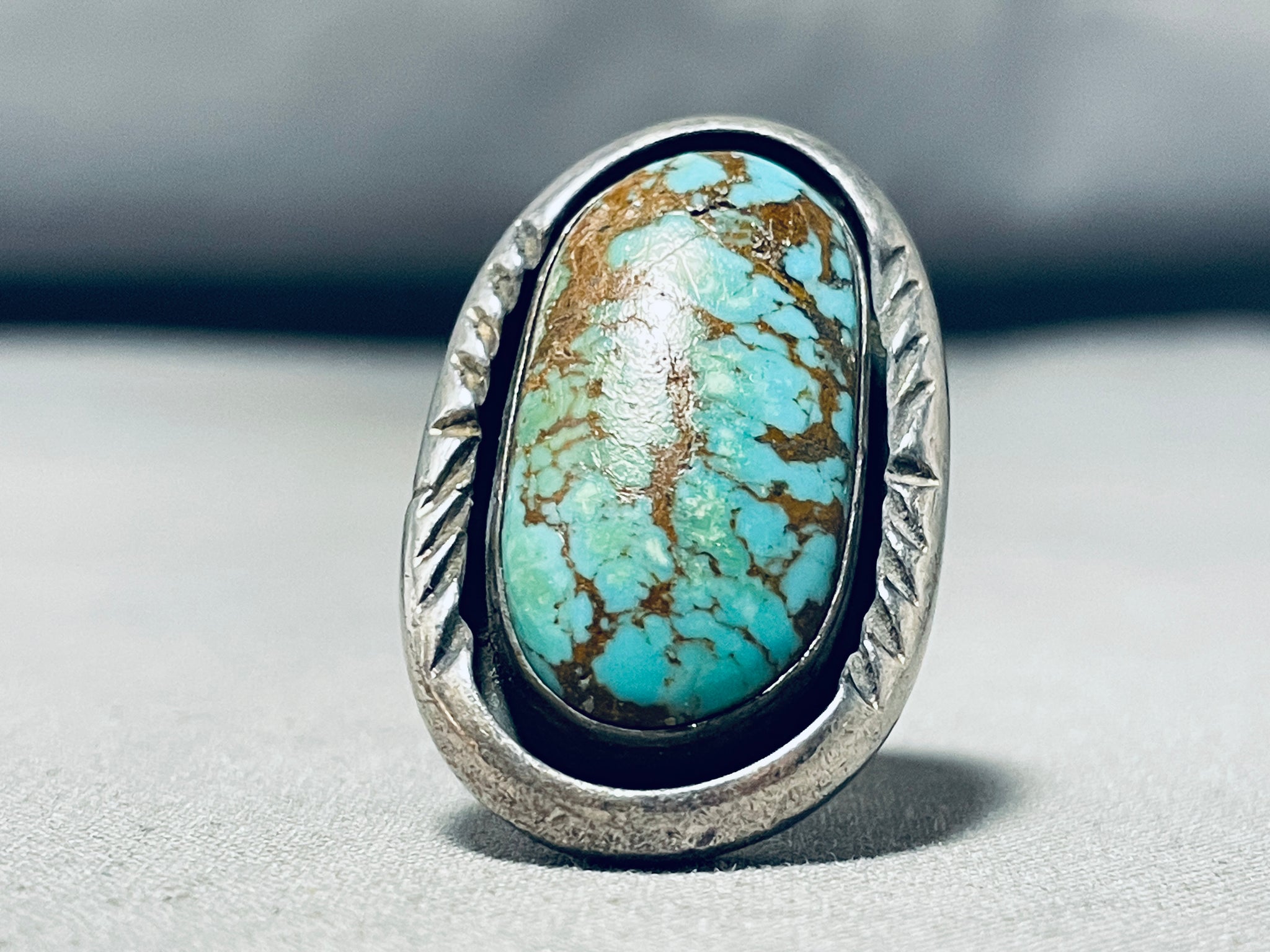 Carico Lake Turquoise Ring, Round Stone, Sterling Silver, outlet Size 6.5