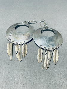 Awesome Vintage Native American Navajo Handcarved Sterling Silver Feather Pendant Earrings-Nativo Arts
