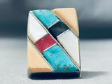 One Of The Biggest Vintage Native American Navajo Turquoise Inlay Sterling Silver Ring-Nativo Arts