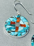 Native American Important Santo Domingo Turquoise Cross Sterling Silver Earrings-Nativo Arts
