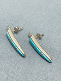Important Vernon Haskie Vintage Native American Navajo 14k Gold Turquoise Earrings-Nativo Arts