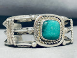 Ornate Vintage Signed Native American Navajo Green Kingman Turquoise Sterling Silver Bracelet-Nativo Arts