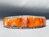 Intricate Vintage Native American Navajo Orange Shell Inlay Sterling Silver Bracelet-Nativo Arts