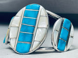 Huge Vintage Native American Zuni Checker Turquoise Pearl Sterling Silver Bracelet-Nativo Arts