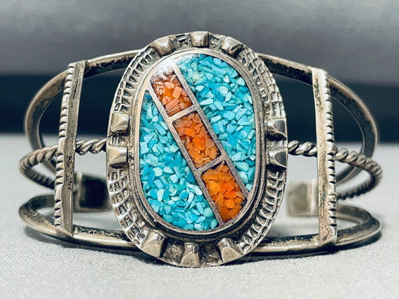 Amazing 1960's Vintage Native American Navajo Coral Turquoise Sterling Silver Inlay Bracelet-Nativo Arts