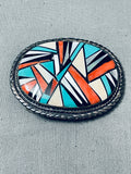 Native American One Of The Most Detailed Vintage Zuni Inlay Turquoise Sterling Silver Bcukle Old-Nativo Arts