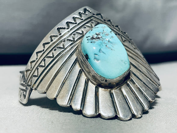 One Of The Coolest Shaped Cuff Vintage Native American Navajo Turquoise Sterling Silver Bracelet-Nativo Arts