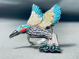 Massive Vintage Native American Zuni Turquoise Hummingbird Inlay Sterling Silver Ring