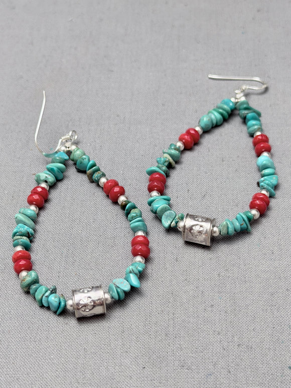 Stunning Vintage Native American Navajo Turquoise Coral Sterling Silver Earrings-Nativo Arts