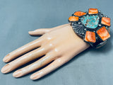 144 G, Huge Vintage Native American Navajo Turquoise Shell Sterling Silver Bracelet