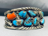 One Of The Best Vintage Native American Navajo Morenci Turquoise Coral Sterling Silver Bracelet-Nativo Arts