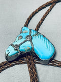 Extremely Detailed Vintage Native American Navajo Turquois Ehorse Sterling Silver Bolo Tie-Nativo Arts