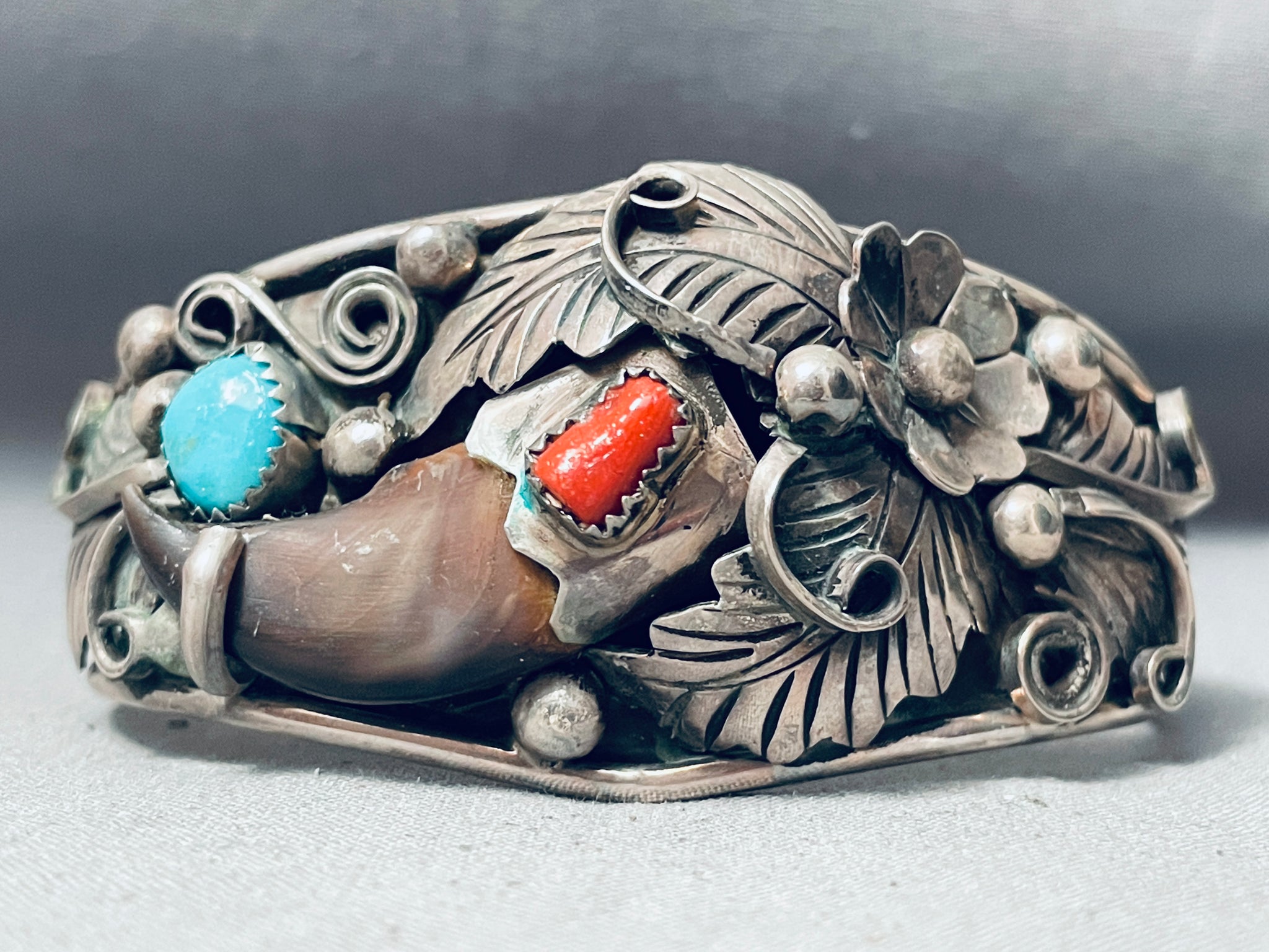 navajo ZUNI ターコイズ コーラル 925 トップ フラワー Detailed Vintage Native American Navajo Turquoise Coral Sterling